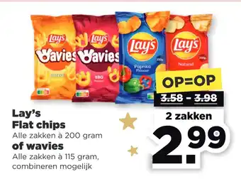 PLUS Lay's flat chips alle zakken à 200 gram of wavies alle zakken à 115 gram, aanbieding