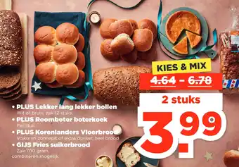 PLUS Plus lekker lang lekker bollen wit of bruin, zak 12 stuks plus roomboter boterkoek per stuk plus korenlanders vloerbrood volk aanbieding