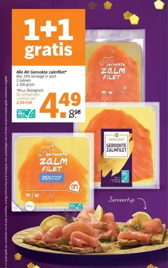 Albert Heijn Alle ah gerookte zalmfilet* bijv. 25% verlaagd in zout 2 pakken à 100 gram aanbieding