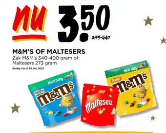 Jumbo M&m's of maltesers zak m&m's 340-400 gram of maltesers 273 gram geldig t/m di 26 dec 2023 aanbieding