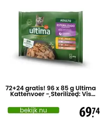 Zooplus 72+24 gratis! 96 x 85 g Ultima Kattenvoer - Sterilized: Vis... aanbieding