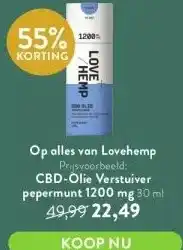 Holland & Barrett Op alles van lovehemp prijsvoorbeeld: cbd-olie verstuiver pepermunt 1200 mg 30 ml 49,99 22,49 aanbieding