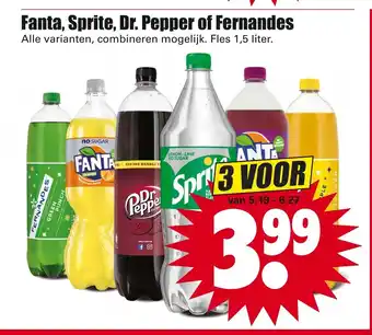 Dirk Fanta, Sprite, Dr. Pepper of Fernandes 1,5 liter aanbieding