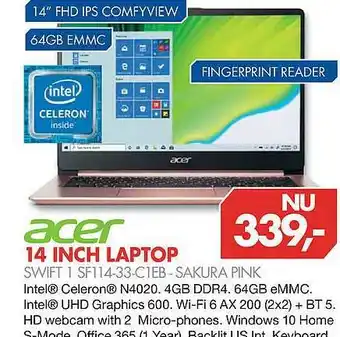 Vobis Acer 14 Inch Laptop Swift 1 SF114-33-C1EB - Sakura Pink aanbieding