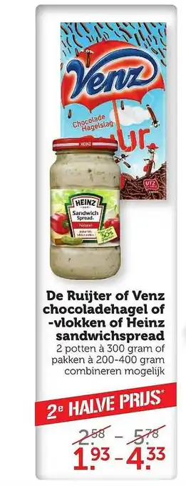 Coop De Ruijter Of Venz Chocoladehagel Of -vlokken Of Heinz Sandwichspread aanbieding