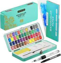 Amazon Artistro aquarelverfset, 48 levendige kleuren in draagbare doos, inclusief metallic en fluorescerende kleuren, perfecte reis- aanbieding