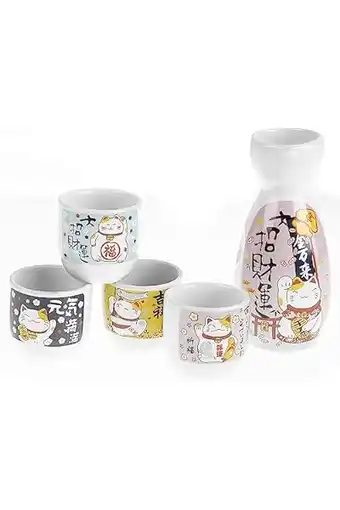 Amazon Lachineuse - saké-set met kat maneki neko – met 4 schalen & karaf – japanse sake-glazen – cadeau aziatisch servies – saké-ser aanbieding