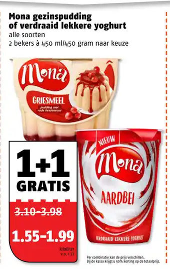 Poiesz Mona gezinspudding of verdraaid lekkere yoghurt 2*450g aanbieding