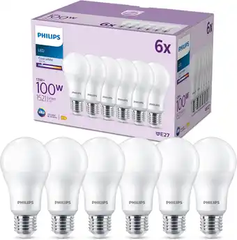 Amazon Philips led lamp e27 - koelwit licht - 100 w - mat - 6 lampen aanbieding