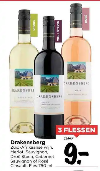 Vomar Voordeelmarkt Drakensberg Merlot, Sauvignon, Droë Steen, Cabernet Sauvignon Of Rosé Zuid-Afrikaanse Wijn aanbieding