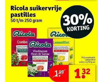 Kruidvat Ricola suikervrije pastilles  250 gram aanbieding