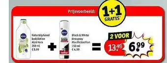 Kruidvat Niva Naturally Good bodylotion aloë vera 350 ml + Niva Black & White Deospray Max Protection  150 ml aanbieding