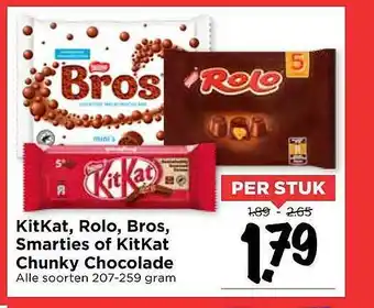 Vomar Voordeelmarkt KitKat, Rolo, Bros, Smarties of KitKat Chunky Chocolade 207-259 gram aanbieding