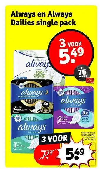 Kruidvat Always en Always dailies single pack aanbieding