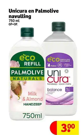 Kruidvat Unicura en Palmolive navulling  750 ml aanbieding