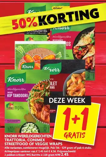 Dekamarkt Knorr wereldgerechten, trattoria, conimex streetfood of veggie wraps aanbieding