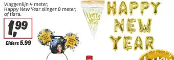 Dekamarkt Vlaggenlijn 4 meter, Happy New Year slinger 8 meter, of tiara. aanbieding