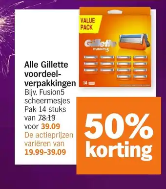 Albert Heijn Alle Gillette voordeel-verpakkingen 14-Bijv. Fusion5 scheermesjes Pak 14 stuks aanbieding