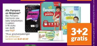 Albert Heijn Alle Pampers en Ninjamas* Bijv. Pampers Harmonie new baby babydoekjes 5 pakken aanbieding