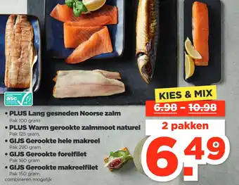 PLUS PLUS Lang gesneden Noorse zalm, PLUS Warm gerookte zalmmoot naturel, GIJS Gerookte hele makreel , forelfilet, makreelfilet aanbieding