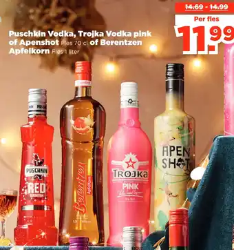 PLUS Puschkin Vodka, Trojka Vodka pink of Apenshot of Berentzen Apfelkorn aanbieding