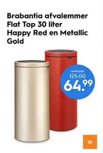 Blokker Brabantia afvalemmer Flat Top 30 liter Happy Red en Metallic Gold aanbieding