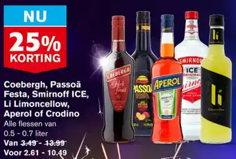 Hoogvliet Coebergh, Passoã Festa, Smirnoff ICE, Li Limoncellow, Aperol of Crodino aanbieding