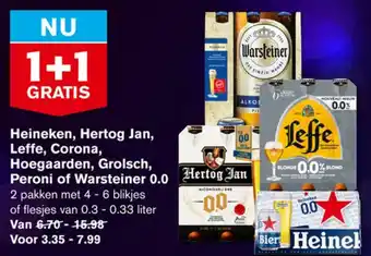 Hoogvliet Heineken, Hertog Jan, Leffe, Corona, Hoegaarden, Grolsch, Peroni of Warsteiner 0.0 aanbieding