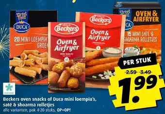 Boni Beckers oven snacks of Duca mini loempia's, saté & shoarma rolletjes aanbieding