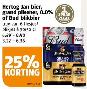 Poiesz Hertog Jan bier, grand pilsener, 0.0% of Bud blikbier aanbieding