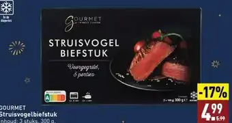 ALDI Struisvogelbiefstuk inhoud: 3 stuks, 300 g. aanbieding