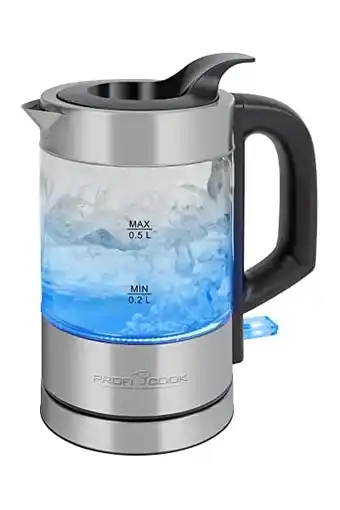 Amazon Proficook waterkoker roestvrij staal verlicht, 0,5 liter mini waterkoker met blauw licht, thee waterkoker reis waterkoker kle aanbieding