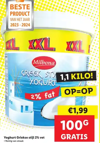 Lidl Yoghurt Griekse stijl 2% vet aanbieding