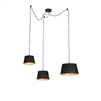 Lampenlicht.nl Hanglamp met 3 katoenen kappen zwart met goud - cava aanbieding