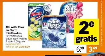 Albert Heijn Alle witte reus en glorix toiletblokken bijv. witte reus blauw actief hygiène ck 2 stuks à 50 gram aanbieding