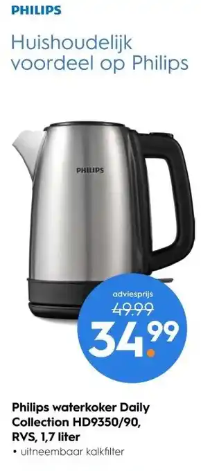 Blokker Philips waterkoker daily collection hd9350/90, rvs, 1,7 liter uitneembaar kalkfilter aanbieding