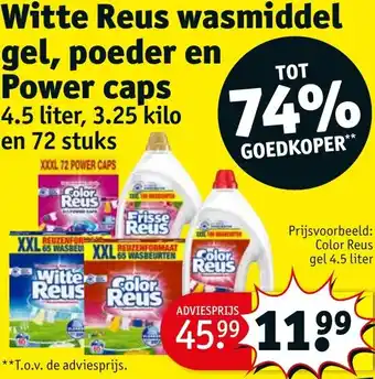 Kruidvat Witte Reus wasmiddel gel, poeder en Power caps 4.5 liter, 3.25 kilo aanbieding