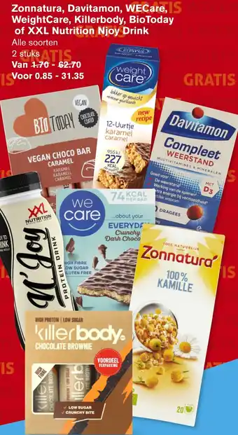 Hoogvliet Zonnatura, Davitamon, WECare, IS WeightCare, Killerbody, BioToday of XXL Nutrition Njoy Drink aanbieding