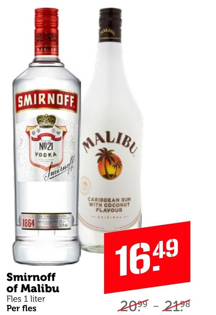 Smirnoff of Malibu Fles 1 liter aanbieding bij Coop