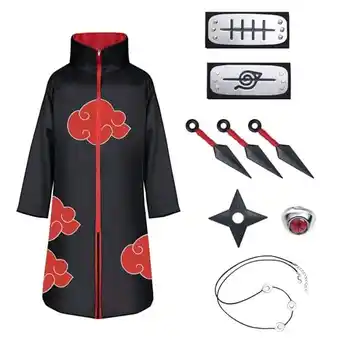 Amazon Acwoo akatsuki costume, 9pcs akatsuki cape unisex hokage ninja set met 2 * hoofdband, 1 * ketting, 1 * ring en 6 * speelgoed, aanbieding