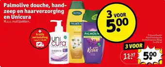 Kruidvat Palmolive douche, hand-zeep en haarverzorging en Unicura aanbieding
