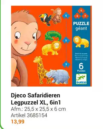 Lobbes Djeco Safaridieren Legpuzzel XL, 6in1 25,5 X 25,5 X 6 cm aanbieding