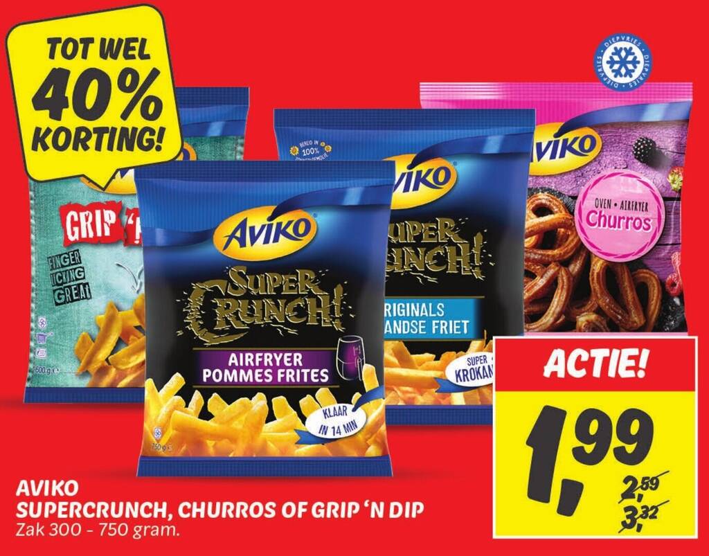 AVIKO SUPERCRUNCH, CHURROS OF GRIP 'N DIP 300 750 gram aanbieding bij