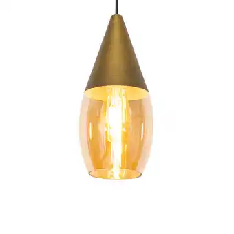 Lampenlicht.nl Moderne hanglamp goud met amber glas - drop aanbieding