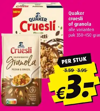 Boni Quaker cruesli of granola aanbieding