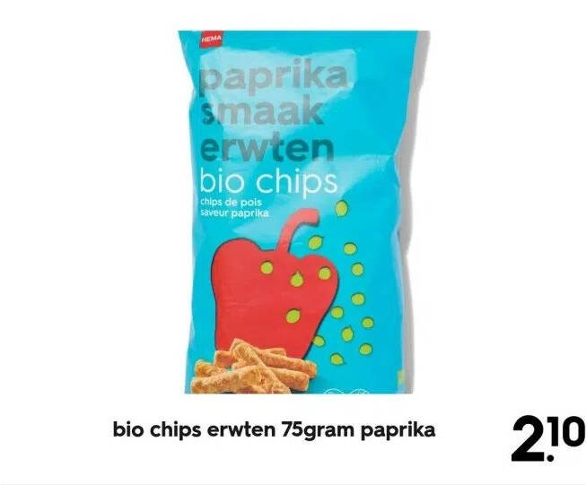 Bio chips erwten 75gram paprika aanbieding bij HEMA