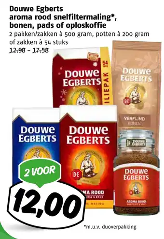 Poiesz Douwe Egberts aroma rood snelfiltermaling, bonen, pads of oploskoffie aanbieding