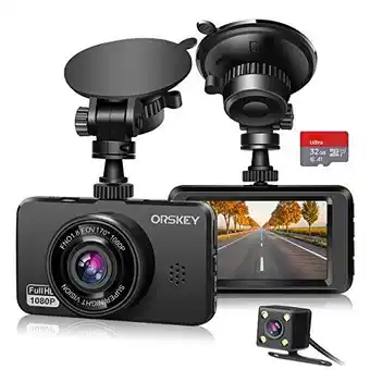 Amazon Orskey dashcam voor auto’s voor en achter, sd-kaart inbegrepen 1080p full hd in-car camera dashcam met dubbele lens voor auto aanbieding