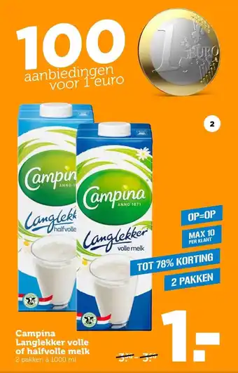 Coop Campina langlekker volle of halfvolle melk 2 pakken à 1000 ml aanbieding