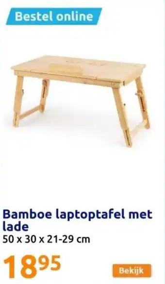 Action Bamboe laptoptafel met lade 50 x 30 x 21-29cm aanbieding